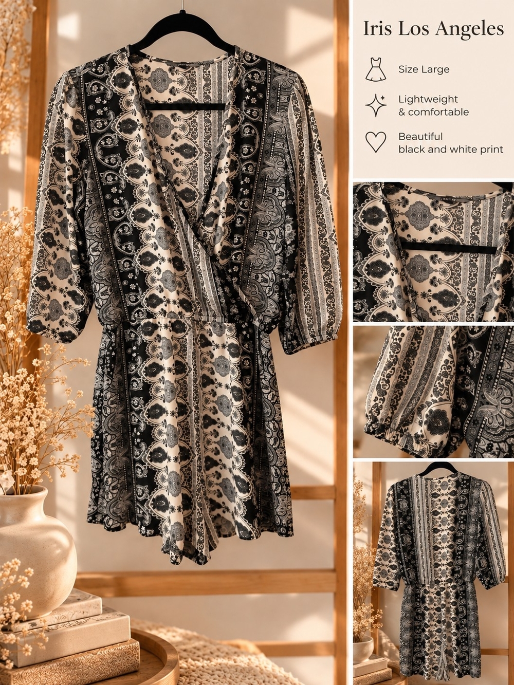 iris Black & White Printed Romper with Wrap Front